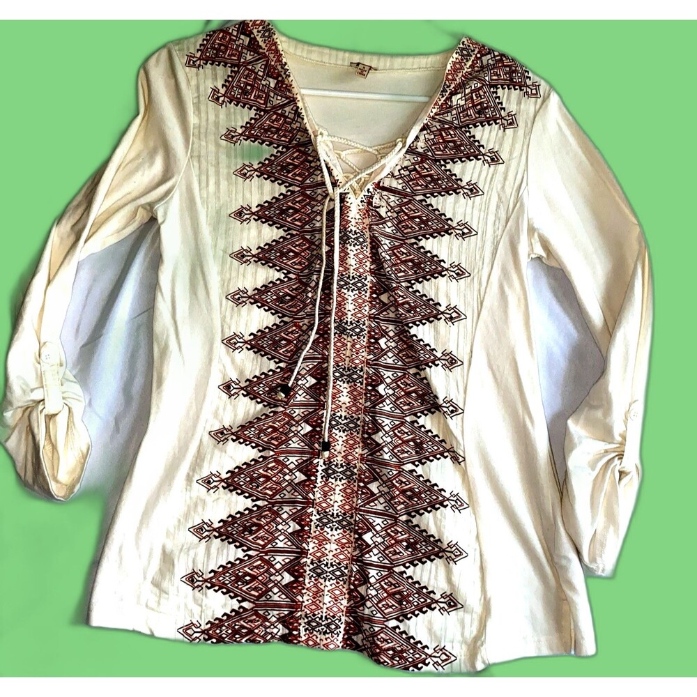 REBA Womens Top SMALL Multicolor Embellished Knit 3/4 Sleeve Rhinestones Boho